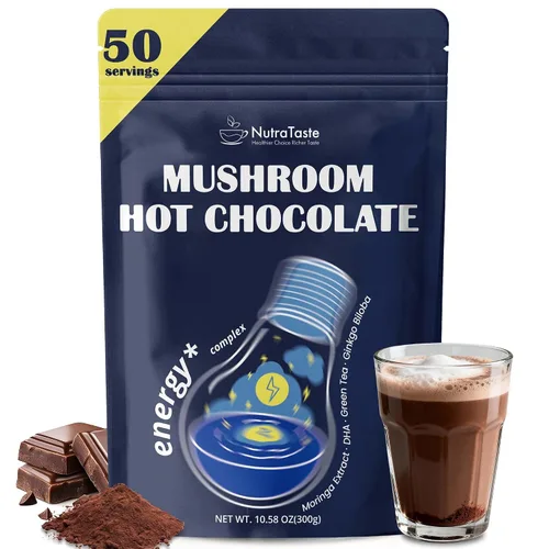Vista 7 de Chocolate caliente de hongos para la calma, 50 porciones de cacao en polvo 10 suplementos de hongos con glicinato de magnesio, L-teanina