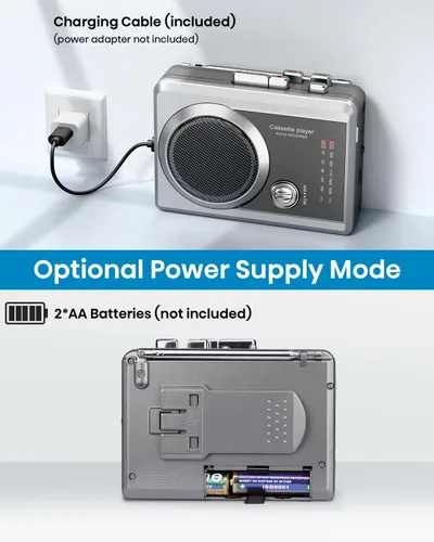 Vista 5 de Reproductor de grabadora de casete portátil y radio AM/FM, reproductor de cinta de casete compacto con conector para auriculares de 0.138 in