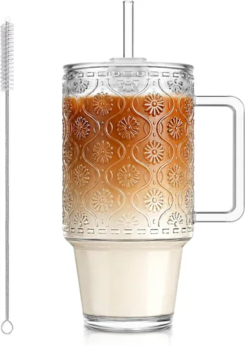 Vista 12 de KEMORELA Vaso de vidrio acanalado de 24 onzas con asa y tapa, tazas de café 24oz-Begonia