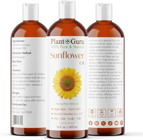 Vista 2 de Plant Guru Aceite de girasol 16 fl oz – prensado en frío, 100% puro y natural portador para piel, cara, cuerpo, cabello y cocina. Ideal para cremas