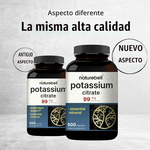 Vista 3 de NatureBell Citrato de potasio 99 mg, 500 cápsulas - Suplementos minerales quelatados - Sin OMG, sin gluten