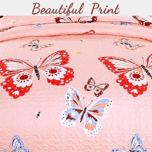 Vista 4 de Cozy Line Home Fashions Juego de colcha reversible de microfibra rosa para niñas (mariposas, tamaño individual, 2 piezas)