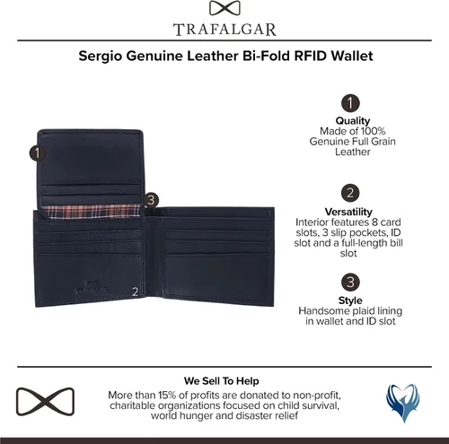 Vista 2 de Trafalgar Cartera Sergio de cuero genuino RFID con doble pliegue para hombre, Negro -, Talla única