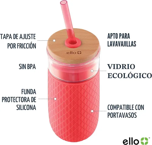 Vista 2 de Ello Devon - Vaso de vidrio con tapa de madera a prueba de salpicaduras y pajita, funda protectora de silicona antitranspirante, perfecto para Coral