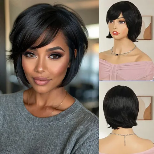 Vista 2 de Adette Peluca de cabello humano real de 6 pulgadas para mujer, sin pegamento, estilo Mullet y Wolf Cut, textura rizada ondulada negra natural, corte