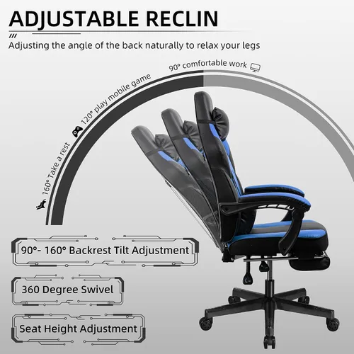 Vista 2 de Shintenchi Silla para videojuegos, silla de computadora con reposapiés y soporte lumbar, silla de videojuegos ajustable en altura, silla
