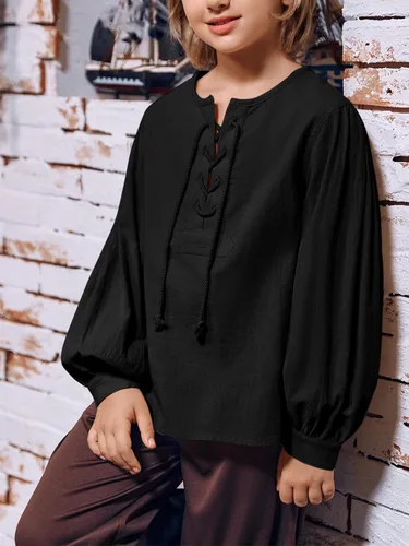 Vista 2 de Makkrom Camisa de disfraces para niño, medieval, renacentista, Halloween, jacobita escocés, Ghillie, con cordones, para niños de 5 a 14 años