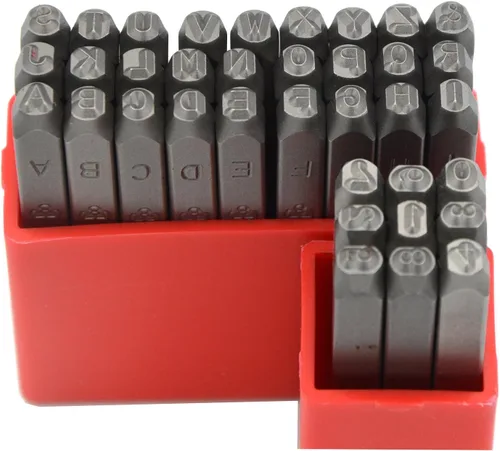 Vista 17 de Juego de 27 sellos de acero resistente con letras mayúsculas de 3/64" 1mm, kit de punzones de alfabeto para estampado a mano de caracteres, código