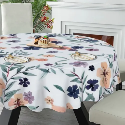 Vista 5 de Exquisite Floral Round Tablecloth White Table Cloth Decor Washable Table Cover with Wrinkle Resistant for Home Kitchen Dining Room Picnic Camping