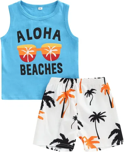 Vista 13 de Conjunto de pantalones cortos para niños pequeños, camiseta estampada junto al mar, 2 piezas, ropa de verano Conjunto de verano y árbol