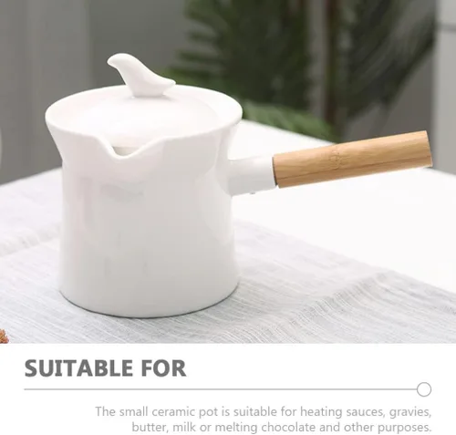 Vista 6 de Cabilock Cacerola de cerámica con mango de madera, calentador de mantequilla, mini olla de cocina para leche, té, café, comida para bebés