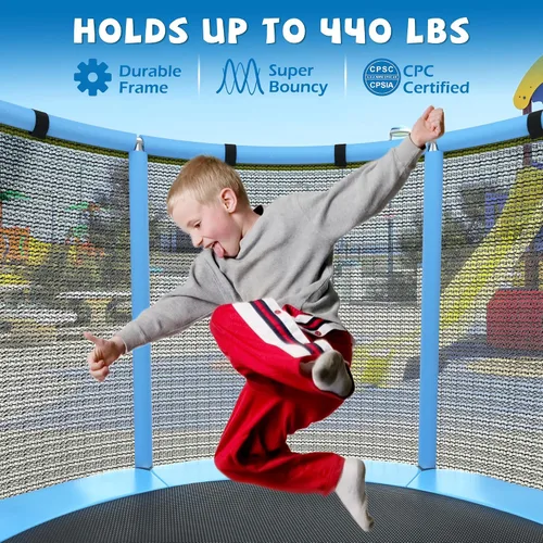 Vista 7 de Cama elástica para niños con malla de encierro, cama elástica mini para interiores y exteriores con barra de gimnasia ajustable, aro de baloncesto
