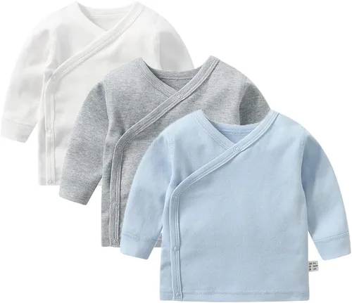 Vista 14 de HAOLUKI Baby Long Sleeve Side-snap Cotton Shirt Unisex Newborn Girls Boys Kimono Tee Shirts Top