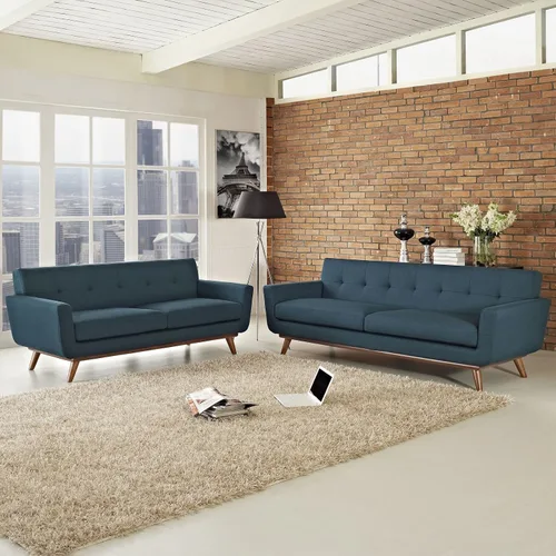 Vista 2 de Modway Engage - Sillón de una pieza tapizado con tela y sofá de dos piezas de estilo de mediados de siglo, Tela, Celeste