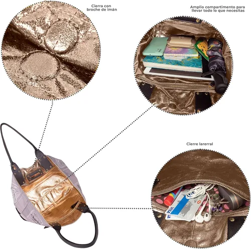 Vista 4 de Nicole Lee Bolso reversible de 2 caras grande de gran tamaño, estampado de moda, bolsa de hombro metálica de viaje