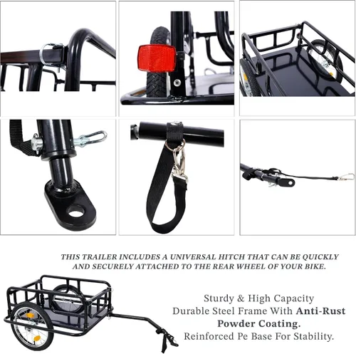 Vista 10 de Remolque de carga plegable para bicicleta con enganche universal, capacidad de 110 libras, remolque de bicicleta con ruedas y reflectores de 16