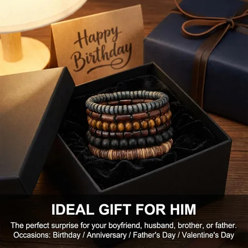 Vista 6 de TIESOME 6 pulseras de cuentas para hombre, cuentas de madera multicapa y pulseras de cuero trenzado, cordón elástico ajustable, estilo grunge
