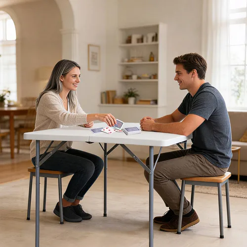Vista 2 de Mesa plegable cuadrada de 34 pulgadas plegable por la mitad, mesa portátil de comedor de alta densidad resistente con asa de transporte, mesas