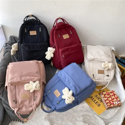 Vista 2 de Bonita mochila con colgante de oso y pato Kawaii Ulzzang japonés, coreano, bolsa grande, mochila informal para adolescentes, Estilo 09 Azul, L