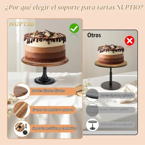 Vista 4 de NUPTIO Soporte de madera para tartas, pequeño soporte redondo para postres