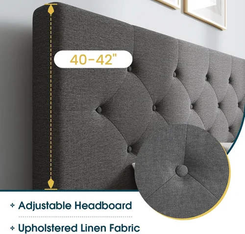 Vista 4 de WEEWAY Base de cama de plataforma tamaño Queen con 4 cajones de almacenamiento, cabecera capitonada con botones de costura de diamante, base de Gris