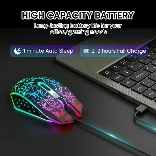 Vista 6 de MELOGAGA Ratón inalámbrico Bluetooth para juegos, 2.4G inalámbrico RGB recargable para juegos de PC, negro