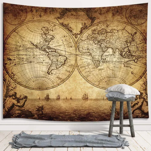 Vista 2 de JAWO Tapiz vintage antiguo de mapa del mundo, mapa náutico retro de doble hemisferio para colgar en la pared, mapa del mundo antiguo, arte de pared