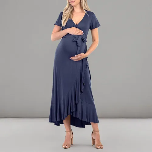 Vista 5 de Mother Bee Maternity Vestido de volantes de manga mariposa con cinturón ajustable Dkdenim