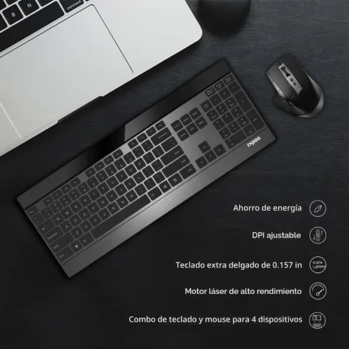 Vista 5 de RAPOO Combo de teclado inalámbrico y mouse láser, multidispositivo (Bluetooth 4.0+3.0+2.4G), teclado de computadora ultra delgado, diseño compacto