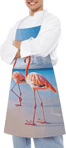 Vista 4 de MUSM Pink Flamingo on Beach Apron，Classic Vintage Funny with Pockets Aprons,Adjustable Bib Waterdrop Resistant for Kitchen Cooking Restaurant BBQ