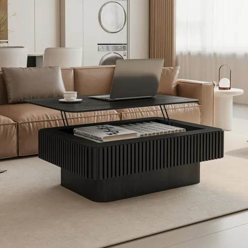 Vista 13 de Henf Mesa auxiliar elevable con almacenamiento, mesas de centro de madera maciza de 47.24 pulgadas con parte superior elevable, 3 bandejas