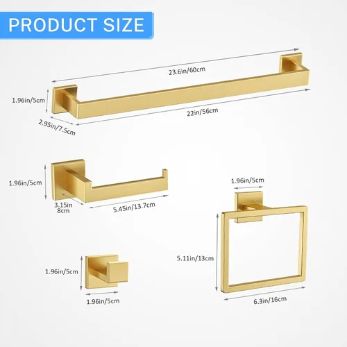 Vista 6 de Juego de accesorios de baño de 10 piezas en oro cepillado Juego de barra de toallas doradas, toallero/estante para baño, juego de accesorios de baño