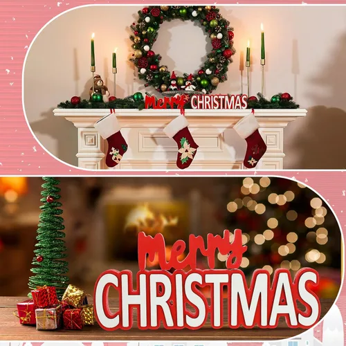 Vista 5 de 2 letreros de madera de Navidad con texto en inglés "Merry Christmas", centro de mesa, decoración de ventana de Navidad, bloques de adornos