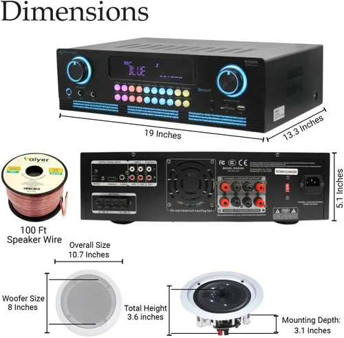Vista 2 de Technical Pro Kit de sistema de sonido de cine en casa, amplificador Bluetooth de 2000 vatios w/ 4 Qty of 8" Framed Ceiling Speakers 300 W Each