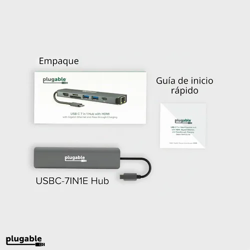 Vista 7 de Plugable Adaptador multipuerto USB C 7 en 1 sin controlador con Ethernet, HDMI 4K60Hz, carga de paso de 100 W, 2 USB 3.0, SD/microSD, para USB-C