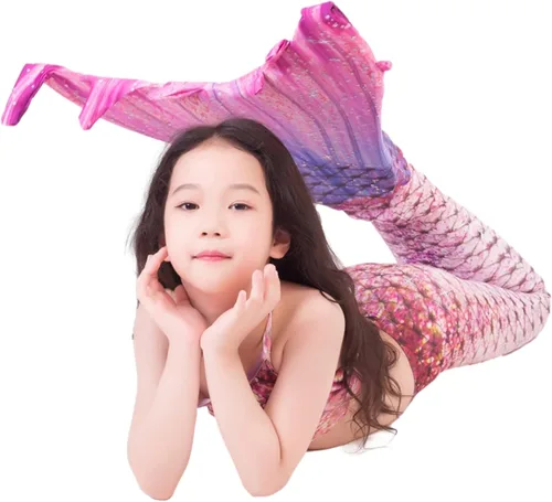 Vista 5 de Traje de baño de princesa con cola de sirena para nadar, traje de baño de 6 piezas, Rosado