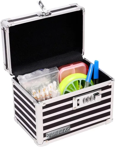 Vista 10 de Vaultz Caja de medicamentos con cerradura de combinación, caja de seguridad de metal segura para medicamentos, píldoras y objetos de valor, pequeña