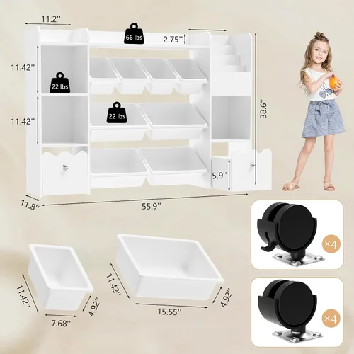 Vista 3 de HOMMPA Organizador de almacenamiento de juguetes para niños de 55 pulgadas de ancho con 2 cajones movibles, estantería de 4 niveles para niños