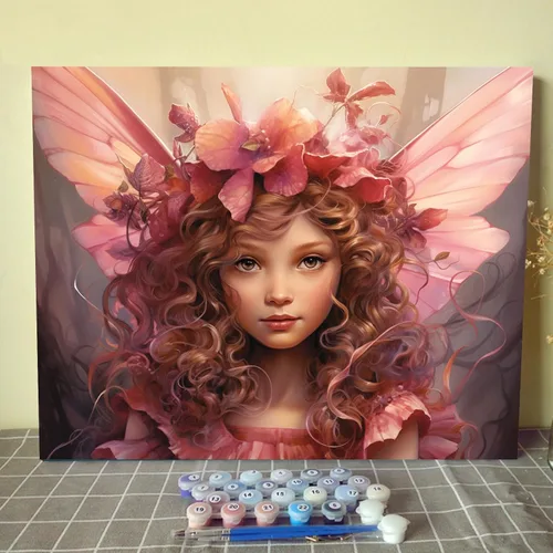 Vista 2 de Little Girl Angel - Pintura por números para adultos, corona rosa, pintura al óleo digital, pintura acrílica, kit de pintura de flores de ángel