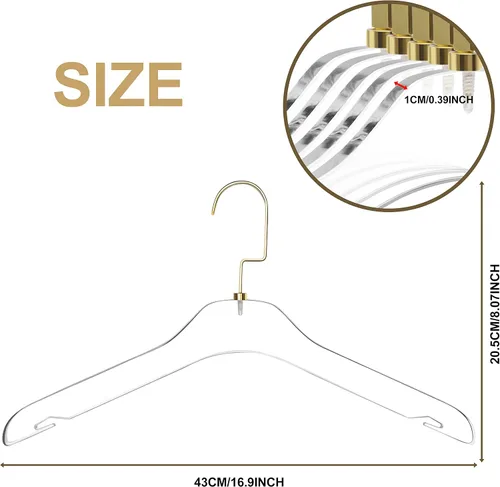 Vista 5 de Perchas de acrílico transparente de calidad, paquete de 5, elegante colgador con ganchos dorados, organizador de armario que ahorra espacio