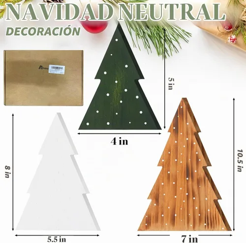 Vista 8 de AceOrbit 3 piezas de decoraciones navideñas rústicas de granja de madera, árboles de Navidad neutros, letreros decorativos de mesa en forma de árbol