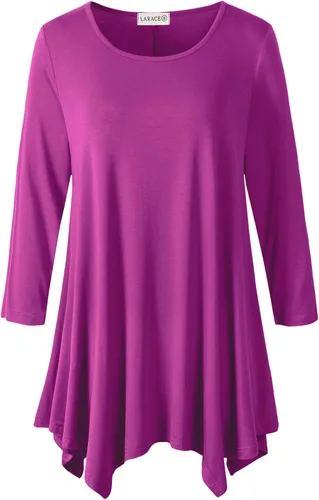 Vista 45 de LARACE - Camisa de talla extragrande para mujer, camisa tipo túnica con manga 3/4, ajuste holgado, ropa básica para mujer 2-negro_cuadros