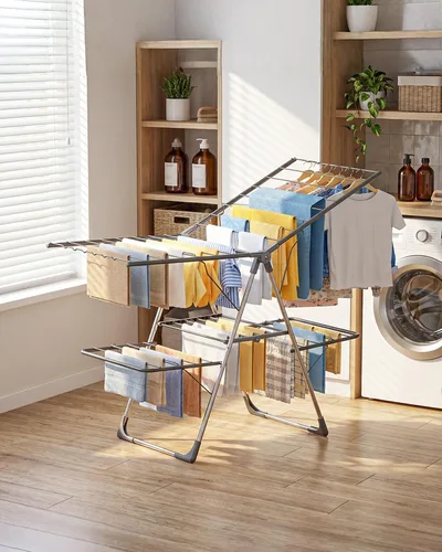 Vista 8 de Sakugi Escurridor de ropa, plegable de 2 niveles con alas ajustables en altura, para ropa y ropa de cama, estante independiente que ahorra espacio