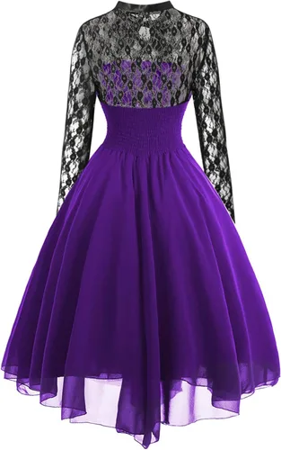 Vista 3 de Vestido gótico sin mangas para mujer con corsé halter de encaje swing vestido de cóctel formal Halloween punk hippie vestidos, Manga larga#púrpura