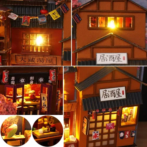Vista 6 de Kit de rincón de libro de estilo japonés, kit de casa de muñecas en miniatura, casa de muñecas de madera, habitación creativa con luces LED, regalos