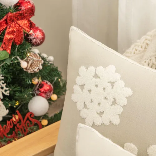 Vista 4 de 18x18, Funda de almohada decorativa de algodón para Navidad, bendición navideña, para cama, sofá, cojín de coche, con bordado de copo de nieve Gris