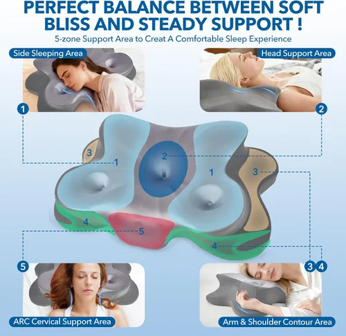 Vista 5 de Almohada cervical para aliviar el dolor de cuello, almohada ergonómica de espuma viscoelástica con funda de almohada de seda de hielo, almohada