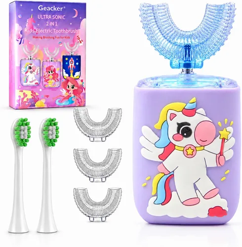 Vista 12 de Cepillo de dientes eléctrico para niños, cepillo de dientes en forma de U, cepillo automático sónico con 5 cabezales de cepillo, 6 modos de limpieza