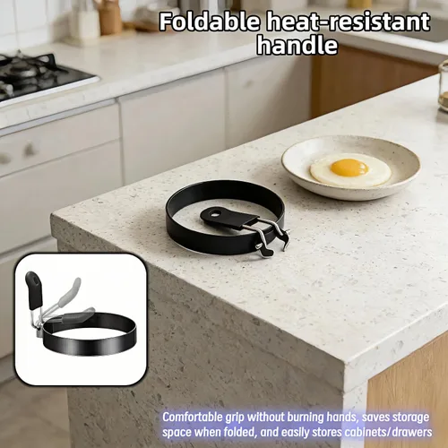 Vista 4 de Anillos de huevo de acero inoxidable de 3.5 pulgadas para panqueques, molde antiadherente para huevos con mango de silicona, molde redondo