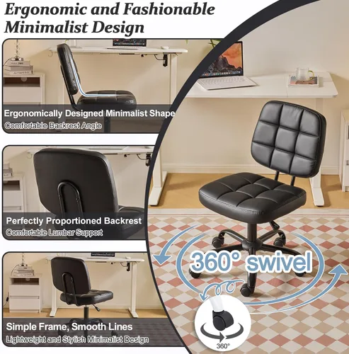 Vista 7 de VINGLI Silla de escritorio compacta y pequeña, linda silla sin brazos con ruedas, silla de tocador con respaldo bajo, silla de tarea ajustable
